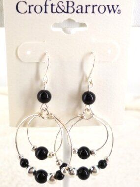 Croft & Barrow Double Hoop Earrings Silver Tone & Black w/ Beads NWT Perfect